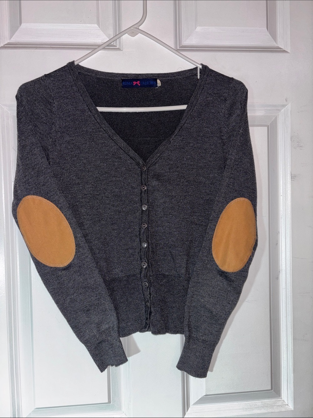 Roma Collection Charcoal Gray Cardigan with Tan Elbow Patches